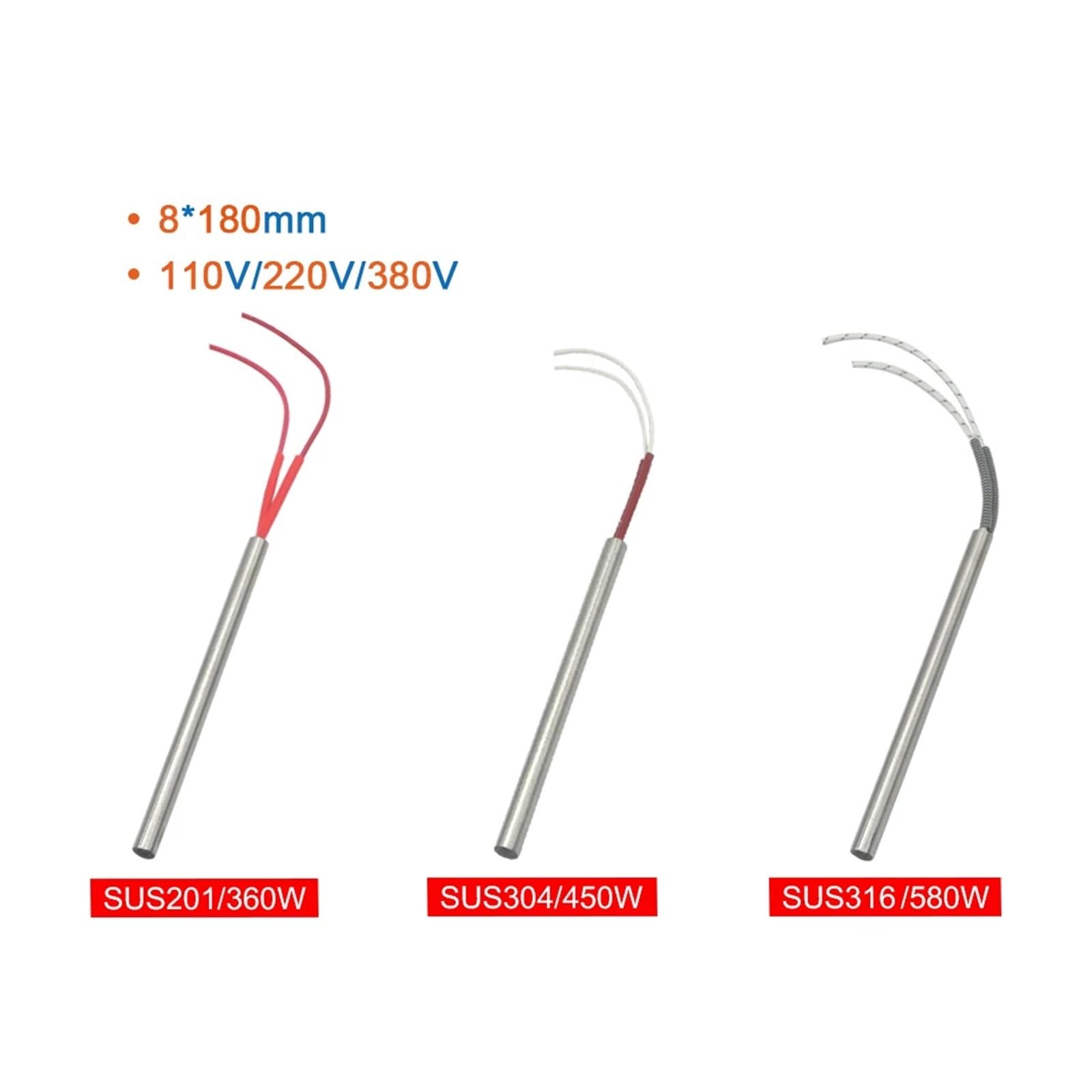 PVU 2 pz Resistenze A Cartuccia Riscaldatore End Stampo Riscaldamento 8X180mm/0.314X7.09 "AC110V/220V/380V 360W/450W/580W for Abrasivi Riscaldamento(220V,316SUS 580W 8x180mm)