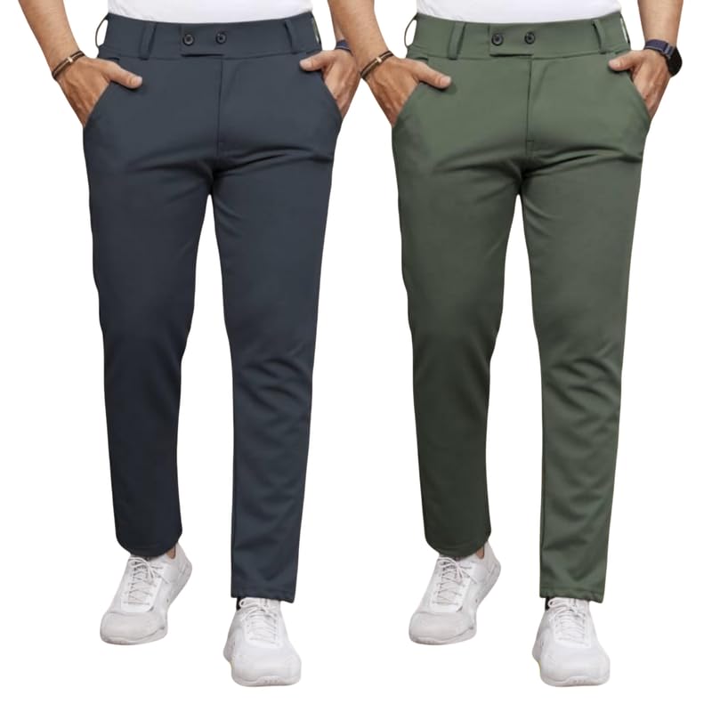 Image of Men Fit Stretch Trousers with Side Pockets | 2-Button Closure | Soft Lycra Blend for Casual & Formal Use