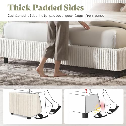 Image of AMERLIFE Full Bed Frame, Upholstered Metal Platform Bed, Cream | White Full Upholstered Bed with Vertical Channel Tufted Headboard, Strong Metal Slats /Noise-Free /Easy Assembly