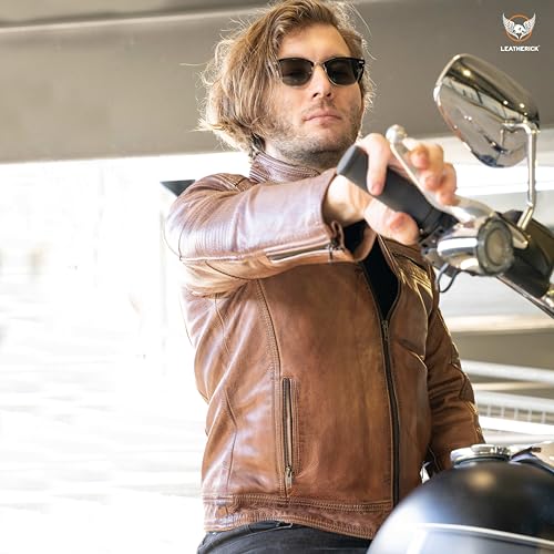 Leatherick Mens Distressed Tan Brown Genuine Leather Cafe Racer Biker Jacket Retro Style Vintage Jacket4