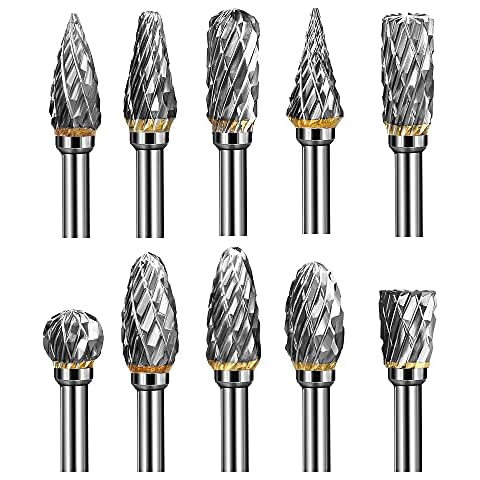 PlusRoc Double Cut Tungsten Carbide Rotary Burr Set, 10 Pcs 1/8" Shank 1/4" Head Carbide Burrs for Woodworking Deburring Sanding Shaping Engraving Cover