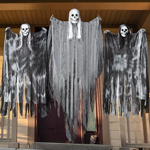 Image of JOYIN 3 Pcs Hanging Halloween Skeleton Ghosts Decorations Outdoor, Grim Reapers for Best Halloween Outdoor Decorations, Haunted Haunted House Prop, Party Supplies