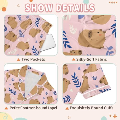 senya Cute Capybara with Leaves Satin Summer Pajama Sets Silk Short Sleeve Button Down Sleepwear3