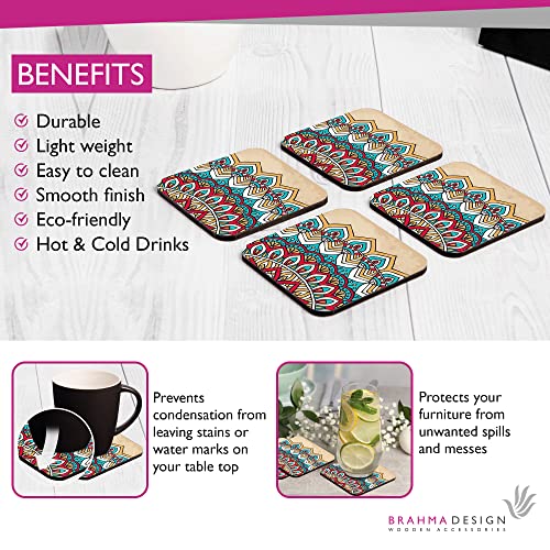 Image of Wooden Coaster Set with Gift Box | Mandala Vintage 2 Design | Set of 4 Tabletop Square Coasters 3.75 inch x 3.75 inch | Kitchen Table Wooden Decorative Items | for Cups, Mugs, Cans, Glasses