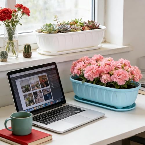 Image of StyleX Store Plastic Rectangle Round Corner Flower Pots with Drainage Hole Saucers Durable Outdoor Indoor Planters with Tray Plant Containers for Balcony, Garden, Home & Office (Set of 5 Sky Blue)