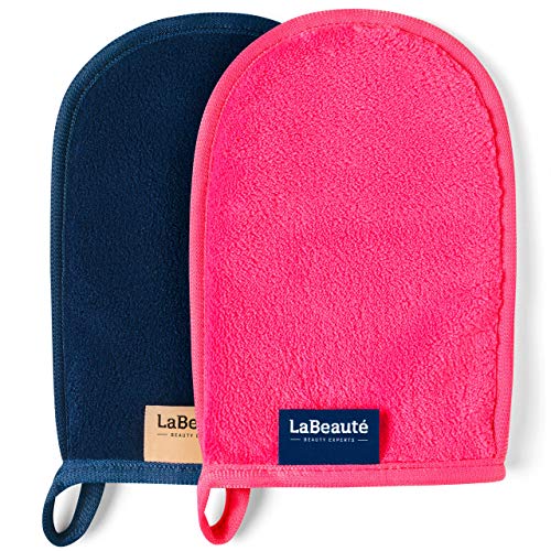 Preisvergleich Produktbild LaBeauté Abschminkhandschuh (2 Stück), Mikrofaser, waschbar und wiederverwendbar, Make Up Entferner Handschuh, zur Gesichtsreinigung (20x13 cm, Pink und Navy-Dunkelblau)