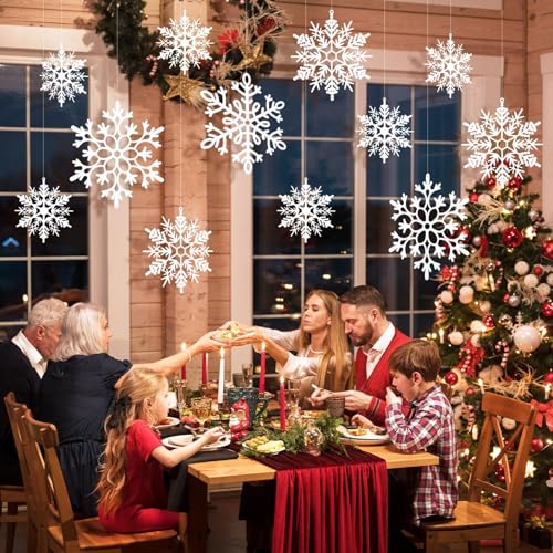 Image of 12pcs Large Christmas Hanging Snowflakes Decorations Outdoor - White Big Hanging Snowflake in Different Sizes for Winter Decoration Indoor Outdoor Christmas Tree Holiday Decor