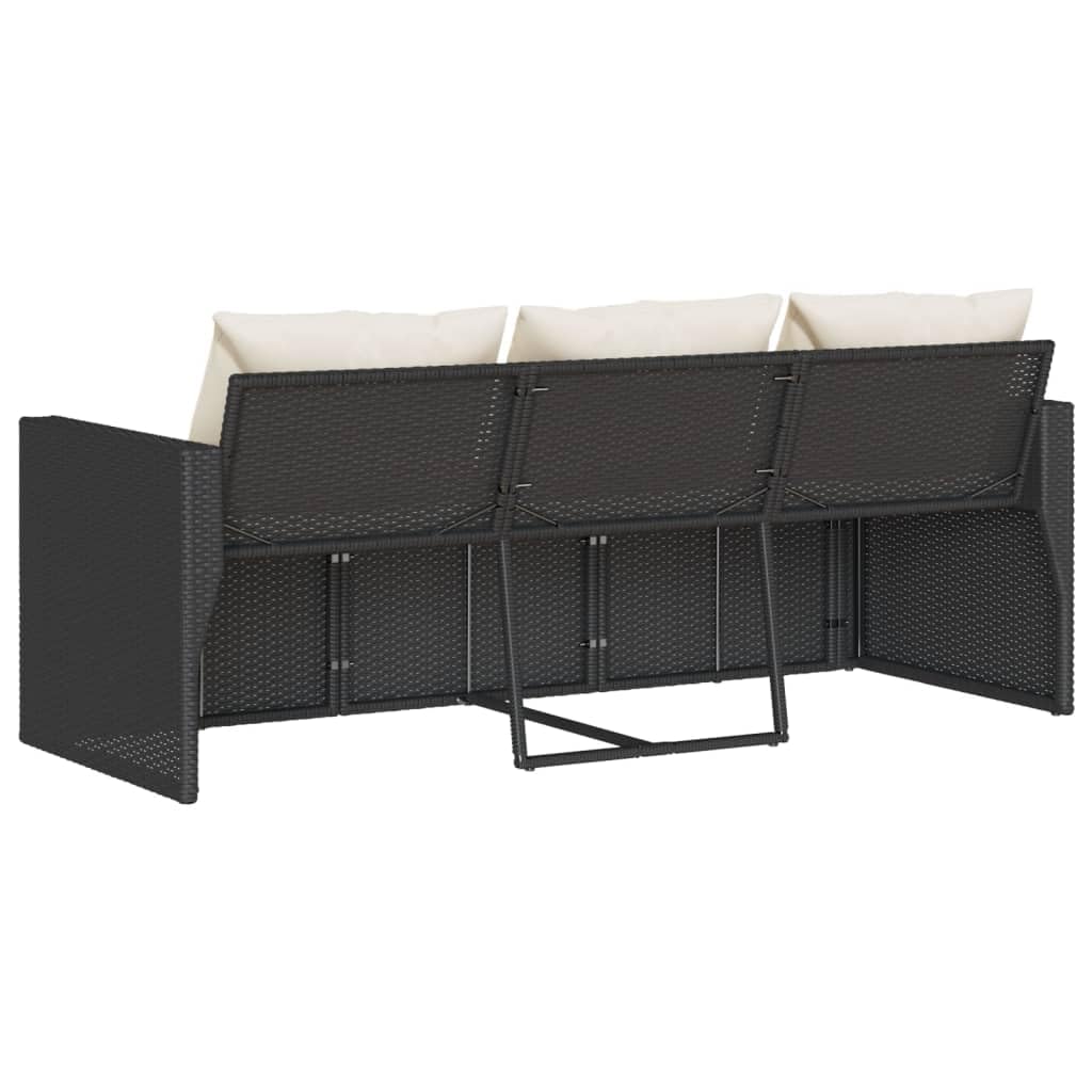 Divano da Giardino 3 Posti, in Polyrattan e Acciaio, con Cuscini Imbottiti, Set Giardino Esterno, Salotto da Giardino, per Terrazzo e Giardino, Colore Nero, Dimensioni 177x70x68 cm