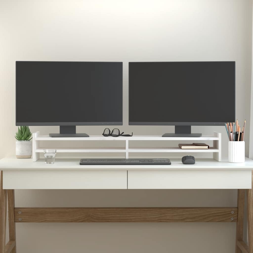 Biały stojak na monitor z litego drewna sosnowego, 100 x 27 x 15 cm, na biurko komputerowe i biurko, stojak na laptopa, półka na klawiaturę, do biura domowego, biura, gier, przechowywania