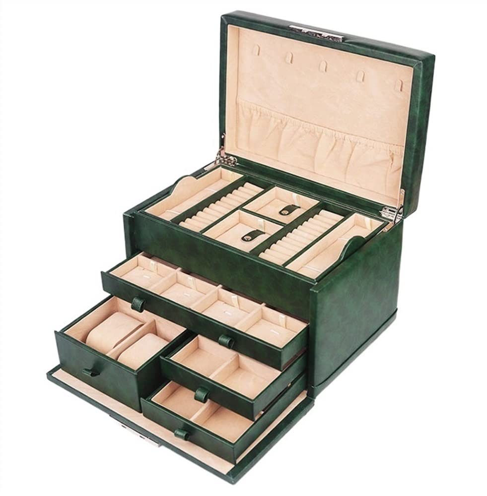 TIANQIHAO Pu Leather Jewelry Box Organizer, Jewelry Box For Women Girls, 3 Layer Jewelry Organizer Box, Travel Jewelry Case For Necklaces, Earring, Rings, Watches,Green