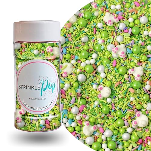 Cottontail Sprinkle Mix| Made In USA By Sprinkle Pop| Lime Green White Sprinkles Mix With White Bunny Royal Icings And Pink Pastel| Easter Sprinkles For Decorating Cakes Cookie Cupcakes Ice Cream, 4oz