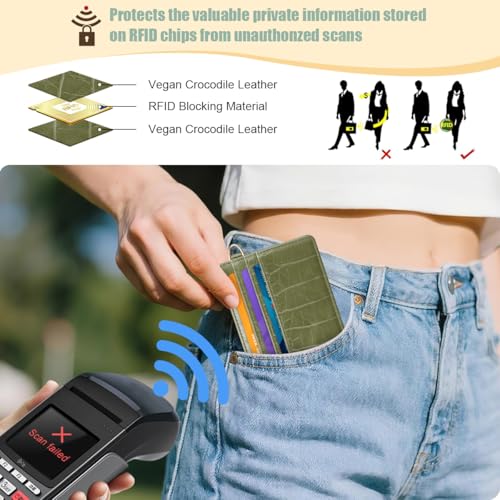 Image of Slim Credit Card Holder Crocodile Wallet Women Thin Wallets | Alligator Print RFID Blocking Minimalist Lightweight Pocket Small Cute Cards Holders ID Window, Olive Croc