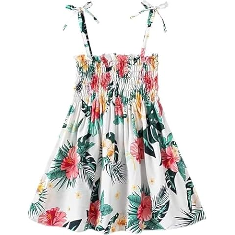 SHOOYING Girls Hawaiian Dresses Sleeveless Beach Printing Vacation Outfit Summer Sundressess, White, US Size 11-12 Years = Tag 160 Cover