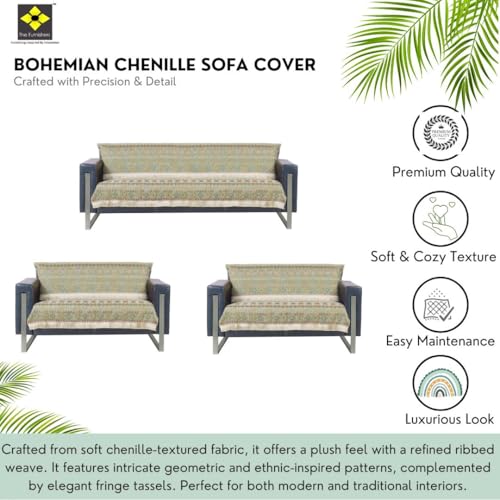 Image of Elegant Woven Green Sofa Cover Soft Chenille Traditional Pattern with Lace Style | L-Shape Sectional Seat Protector for Living Room | Durable & Stylish Slipcover 7 Seater Sofa Cover