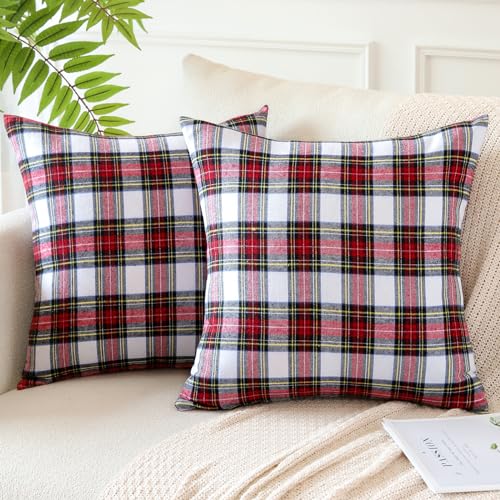 JOTOM Christmas Scottish Tartan Plaid Throw Pillow Covers Farmhouse Classic Decorative Square Cushion Covers 40 x 40cm Soft Pillowcases for Decor Sofa Couch 16x16 Inch Set of 2 (Red White) - Image 3