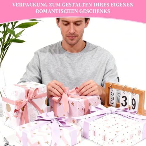 MFUSUL Geschenkpapier Set 5 Rollen, 43cm x 3m Geschenkpapier Rosa, Geschenkpapierrolle mit 2 Rosa Papierseil und Doppelseitiges Klebeband für Kindergeburtstag, Hochzeit, Abschlusse, Valentinstag