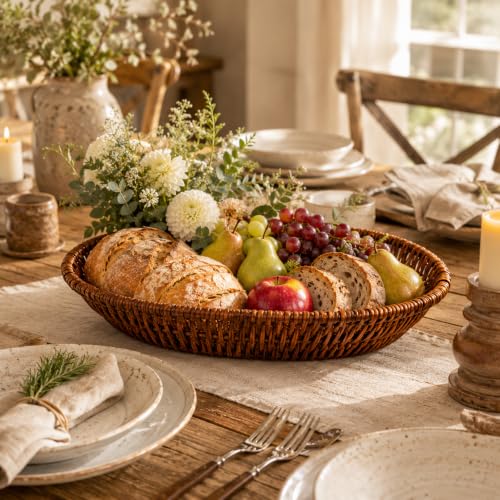 Image of Oval Bread & Roti Serving Basket | Restaurant Style Chapati & Naan Basket for Dining Table | Brown Tabletop Bread Basket for Home, Hotel & Cafe