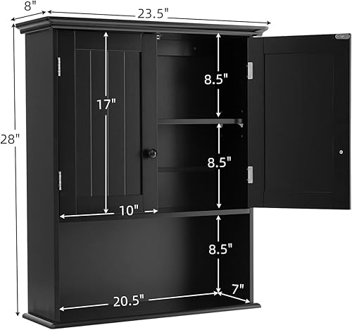 Miniatura 3 de COSTWAY Armario de baño montado en la pared, gabinete de almacenamiento sobre el inodoro con puertas dobles y estante ajustable, botiquín colgante