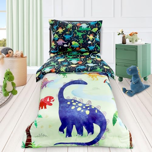 Image of 4 Piece Toddler Bedding Set, Ultra Soft and Breathable Cartoon Dinosaur Toddler Comforter Sets for Boys Includes Quilted Comforter, Fitted Sheet, Flat Sheet and Pillowcase
