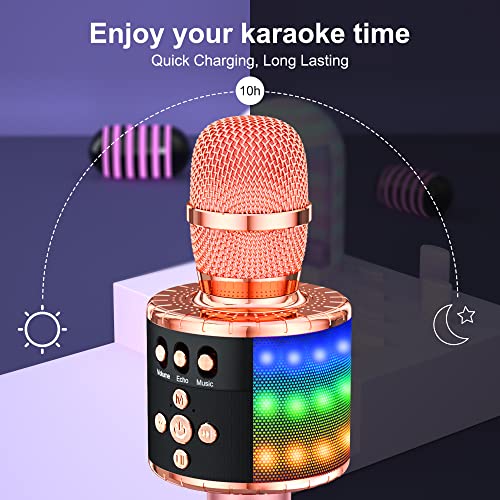 Bonaok Wireless Bluetooth Karaoke Microphone With Controllable Led Lights, 4-In-1 Portable Handheld Mic Speaker For All Smartphones, Birthday For Kids Adults All Age Q78(Rose Gold) #TOP2
