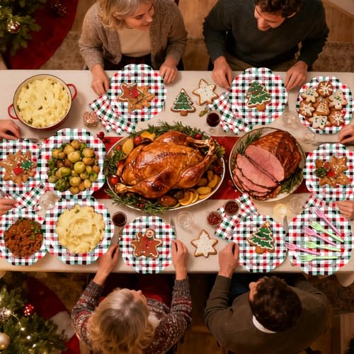 96 Pieces Christmas Plaid Tableware Set – Red and Green Checkered Disposable Plates, Napkins, and Forks with Snowflake Design for Holiday Parties, Winter Birthdays, and Seasonal Events – Image 7