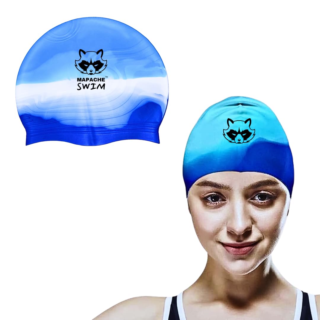 Mapache Swim Multicolored Swimming Cap for Kids and Adults I Silicone Swimming Cap for Swimming Classes, summercamps, Water-Resistant, Protects Long & Short Hair from Water (Blue) (B0D1GSD8QH) Amazon Price History, Amazon Price Tracker