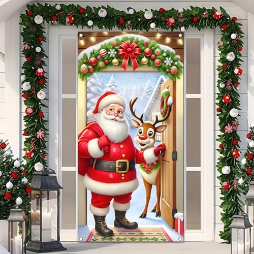 Image of BlissYard Christmas Door Cover 71x35 Inch Santa Claus and Reindeer Door Banner Holiday Decoration Winter Wonderland Entryway Backdrop Indoor Outdoor Christmas Party Home Porch Wall Decor