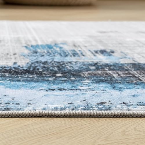 Auemtyn 8x10 Washable Area Rug - Modern Abstract Soft Thin Non-Slip Indoor Floor Carpet for Living Room Bedroom Dining Nursery Farmhouse - White Navy Blue — view 6