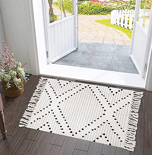 Boho Cotton Bathroom Rugs 2’ X 3’, White Small Woven Bath Mats With Tassels, Soft Washable Geometric Kitchen Rug Decorative Floor Carpets For Entryway Doorway Indoors #TOP6