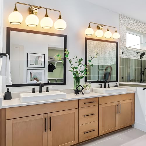 Image of Brass Gold Bathroom Light Fixtures 4-ights Vanity Lights with Milky White Frosted Glass Shade Bathroom Vanity Light 30.7 inch Wall Sconce Lighting Bath(Exclude E26 Bulb)