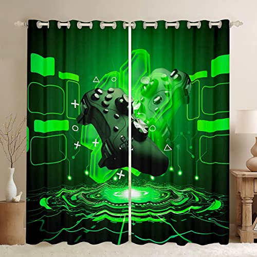 Loussiesd Gamer Curtains for Boys Bedroom Kids Teens Gaming Decor Window Curtains Video Game Window Drapes Room Decor Children Playing Gamepad Green Geometric Window Treatments