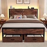 Siihnon Rustic King Size Bed Frame with Storage Drawers and Barn Door Headboard, Farmhouse LED King Bed Frame with Charging Station, Metal Industrial Platform Bed Frames, No Box Spring Needed, Brown