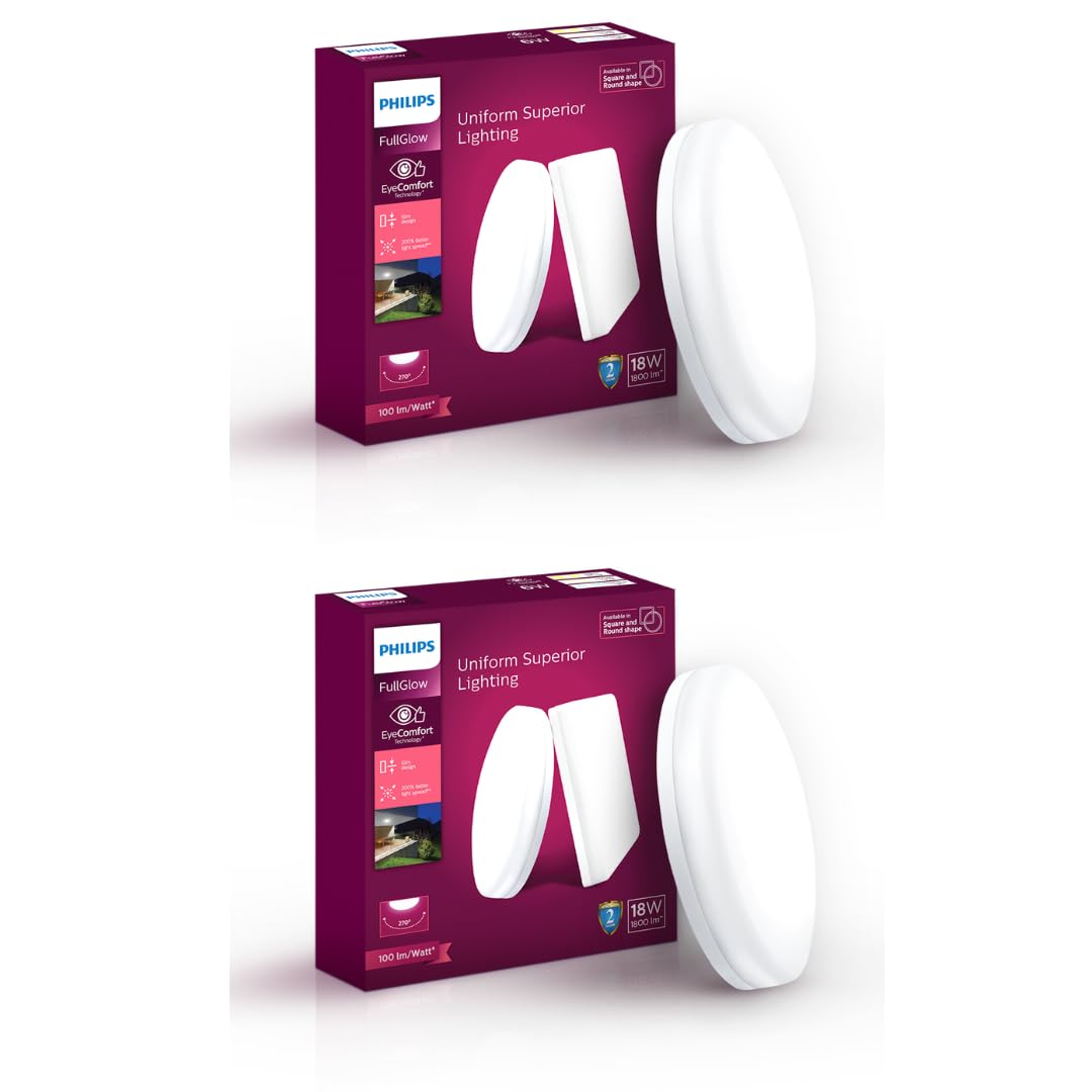 Philips Polycarbonate Rimless Full Glow 18-Watt Round LED Surface Downlighter | Surface Downlight For Ceiling | Ceiling Light For Home & Hall | Warm White | Pack Of 2