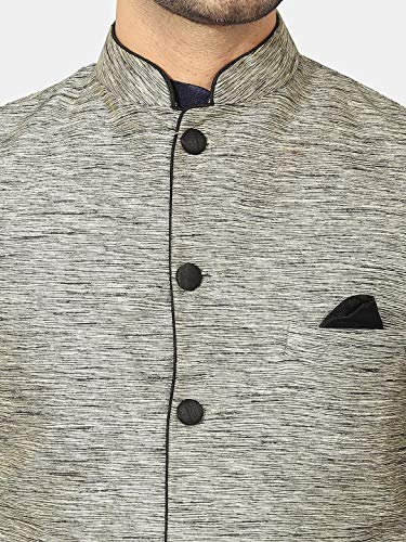 Image of UnM Men's Art Silk Uri and MacKenzie Navy Blue Kurta Pyjama with Grey Jacket (42)