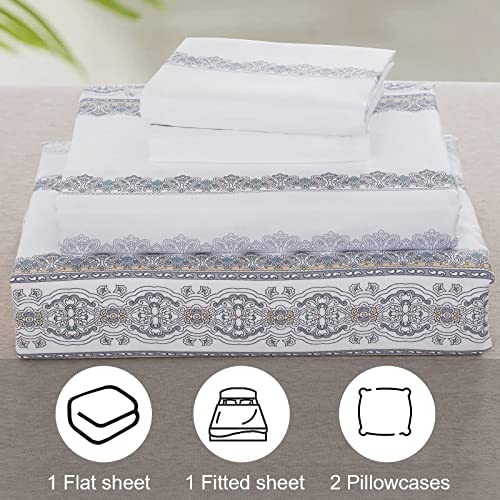 Dinjoy Boho Bed Sheet Queen 4 Pieces White Bohemian Mandala Deep Pocket Fitted Sheet Jacquard Floral Soft Microfiber White Bedding Sheet Set For All Seasons #TOP4