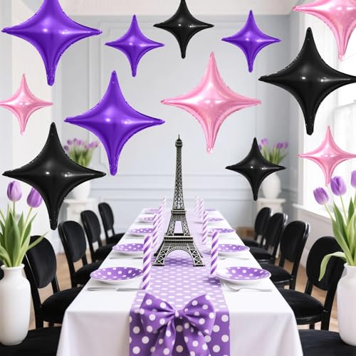 Image of Black Purple Star Balloons,12Pcs Four Angle Star Foil Balloons