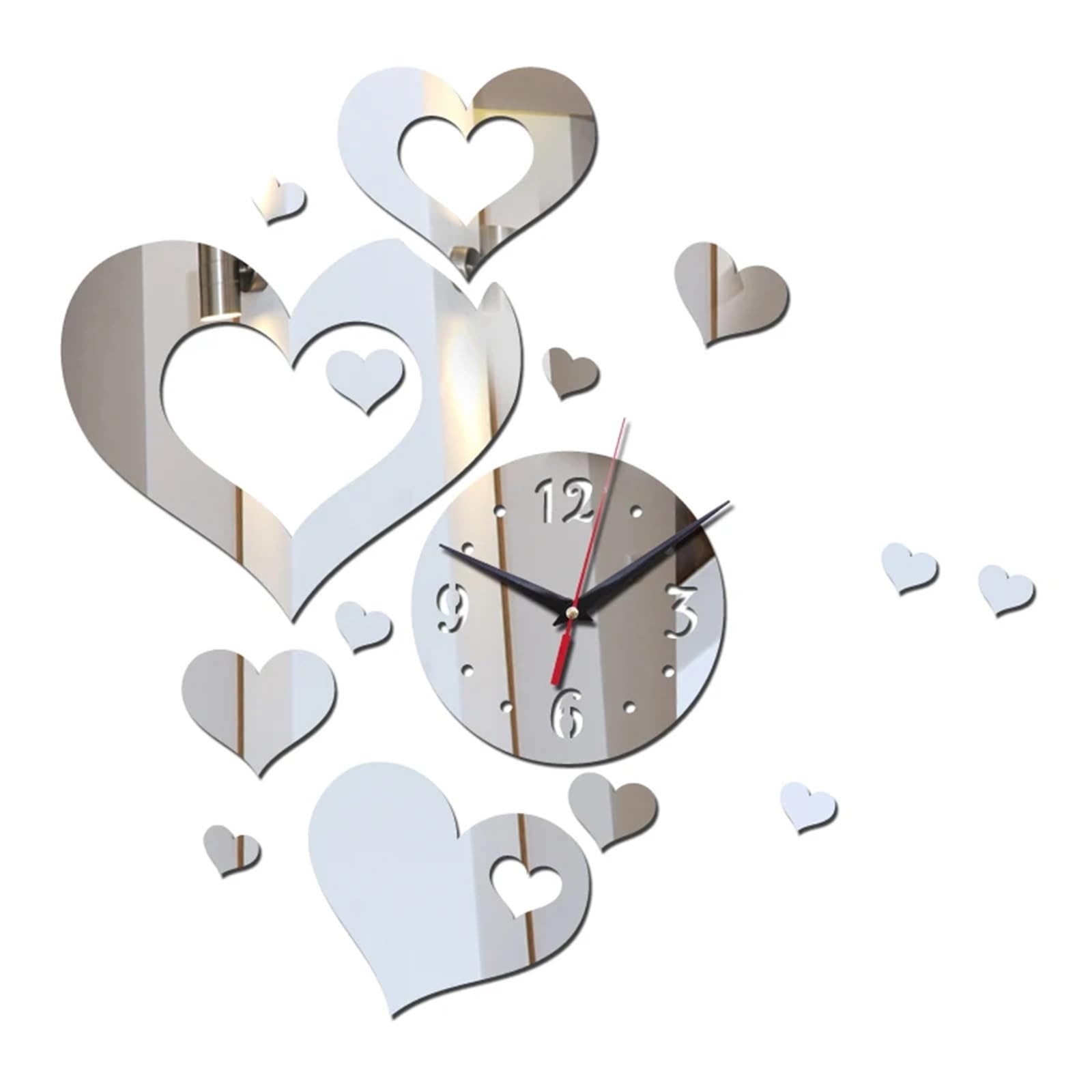 ZXGRfdefa clock, Hearts Living Room Decoration DIY Single Face Needle Quartz Watches(Silver)