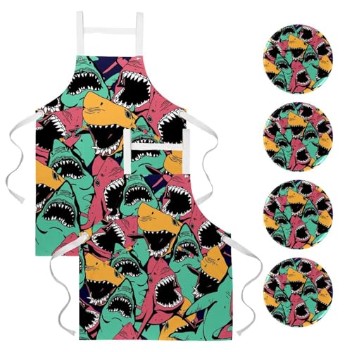Lot de 2 tabliers de cuisine requin multicolores avec 4 broches