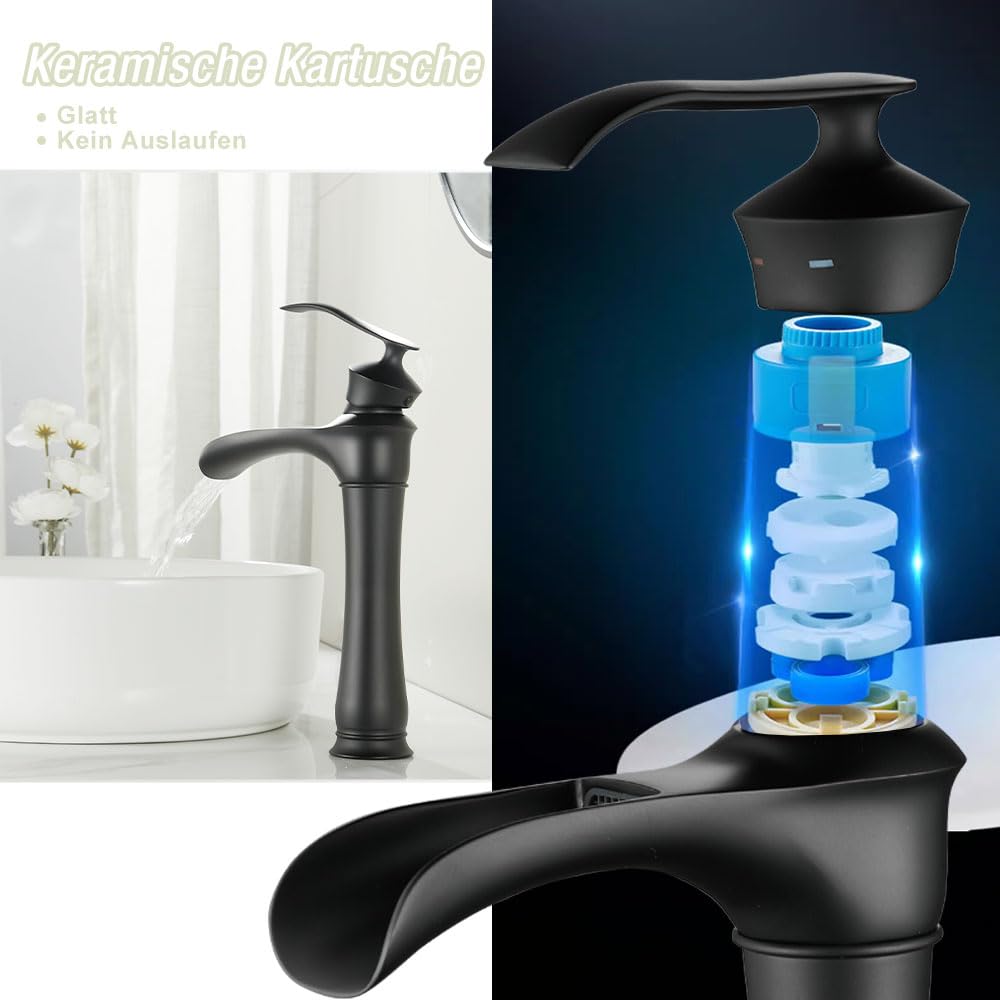 Maynosi Waschtischarmatur Mit Wasserfallauslauf – Hohe Mischbatterie, Quadratisches Design, Chrom, Inkl. Schläuche