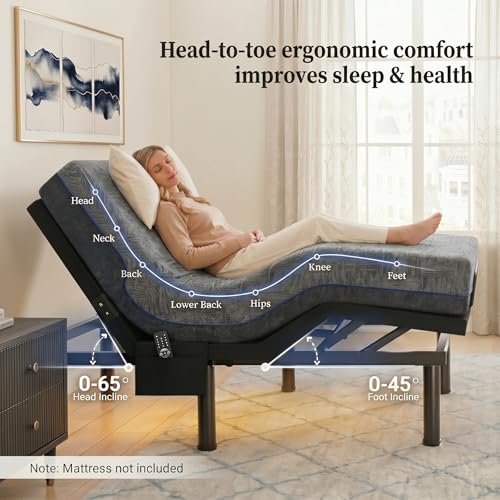 Image of Marsail Queen Adjustable Bed Frame, Dual Motor Electric Bed Base with Head and Foot Incline, Zero Gravity, Wireless Remote Control, 4 USB Ports, LED Night Light, Adjustable Height Legs