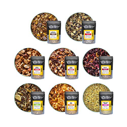 Tiesta Tea Herbal & Rooibos Tea Sampler Dry Flight - Non-Caffeinated, Hot & Iced Tea, Loose Leaf Tea Sample Set with Herbal, Rooibos, Hibiscus & Turmeric Tea, 8 Sample Pouches
