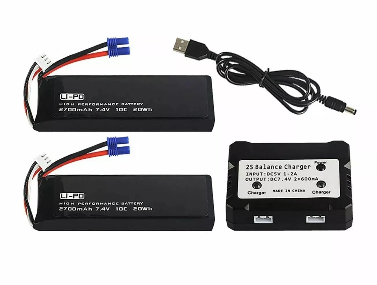 7.4V 2700mAh 10C RC Lipo Batería 2S y cargador de equilibrio USB para Hubsan X4 H501C H501A H501M H501S W H501S Pro Cámara aérea de cuatro ejes UAV piezas de repuesto 2 unidades