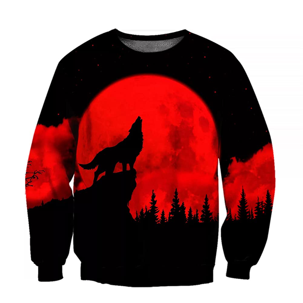 BiezutuBlood Moon Wolf Tattoo Hoodie, Men's 3D Graffiti Long Sleeve Graffiti Sweatshirt Casual Loose Pullover Unisex Jacket
