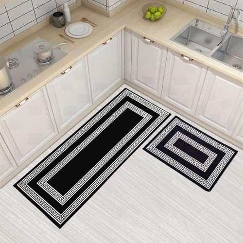 Image of Matz&More Anti Slip Kitchen Runner & Doormat Combo (50x120cm + 40x60cm), Nylon Tufted Floor Mat with Rubber Backing, Carpet for Kitchen, Hallway, Entrance & Bedside, Greek Black White