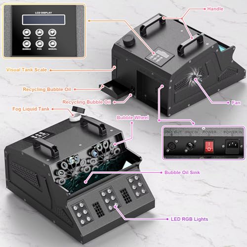 Máquina de humo con burbujas – 1500 W automático de burbujas con luces LED RGB para iluminación de escenario, fiesta, boda, Halloween, Navidad – Altura de humo de hasta 6 m