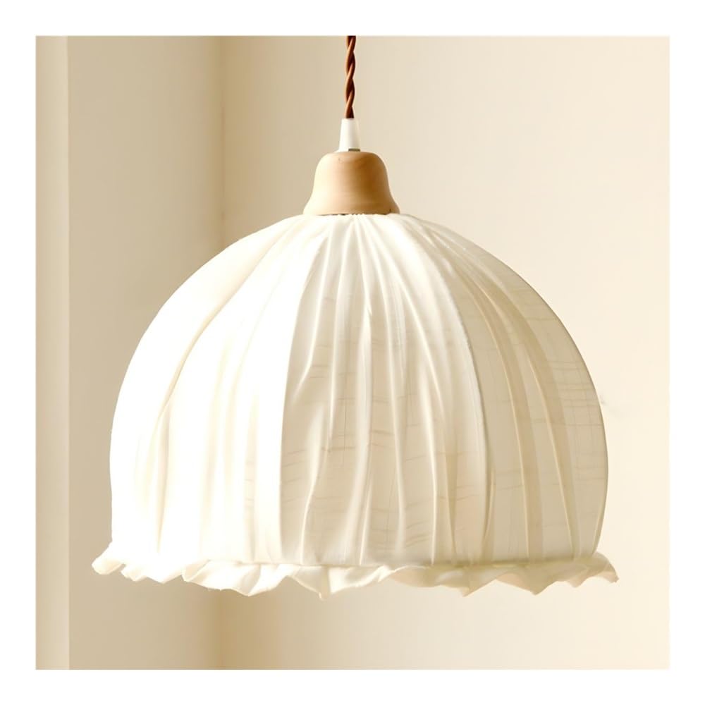 French Country Pleated Linen Pendant Light with Ruffle Trim - Shabby Chic Fabric Hanging Ceiling Light for Bedroom, Living Room, Dining Room - Farmhouse Dome Light Fixture