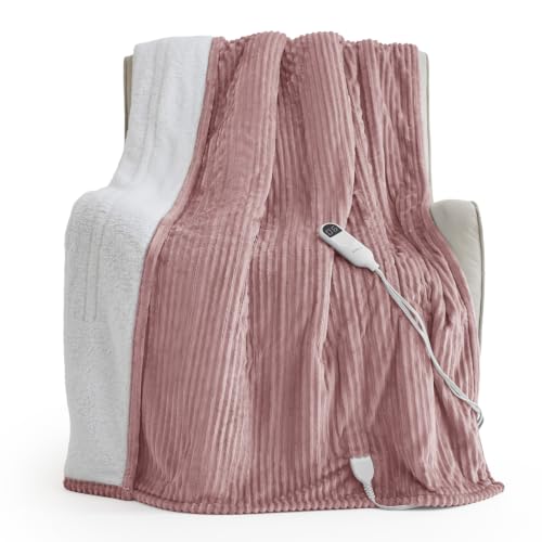Image of Bedsure Ribbed Heated Blanket Throw XL, Pink Electric Blanket, Preheat