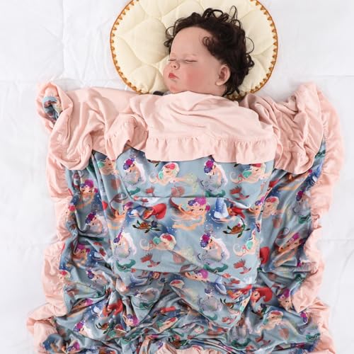 Image of Rayon Made from Bamboo Baby Blanket for Girls, Mermaid Print, Ruffle Trim, Soft and Comfy, Size 40x33