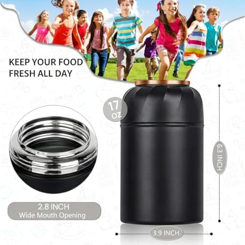 Image of Insulated Lunch Box 500ml Stainless Steel | Thermal Food Flask & Food Jar with Folding Spoon | Leakproof Tiffin Box for Office, School, Travel | Hot & Cold Food Container (Black With Golden Handle)