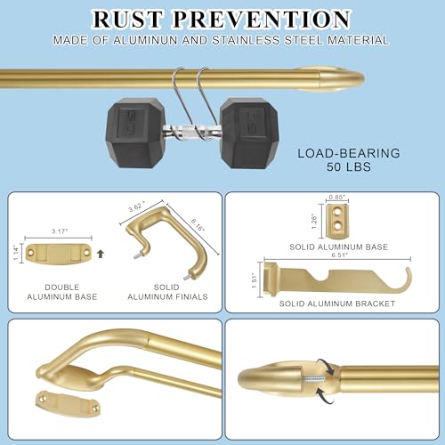 Mayrhyme Double Curtain Rods, Wrap Around Curtain Rod for Windows, Internal Splicing 1'' Front and 5/8'' Back Adjustable Curtain Rod with Aluminum Finials and Brackets (Brass, 28-150") by Mayrhyme - Image 3